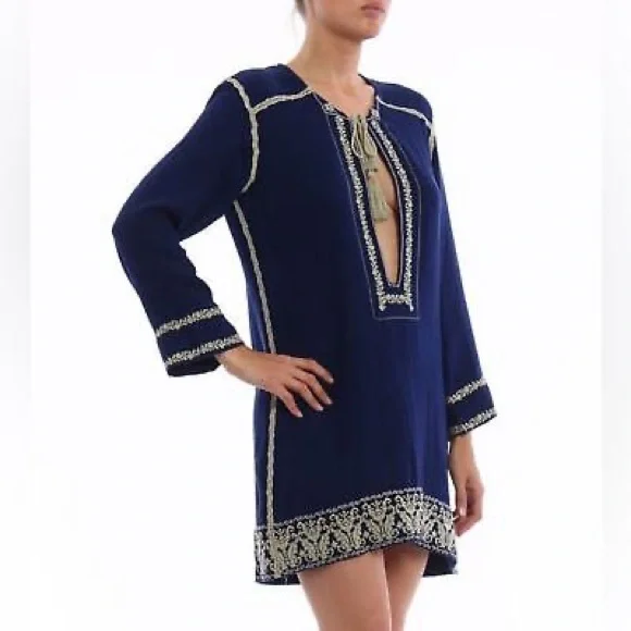 Isabel Marant Tunic Dress Size US 4 Blue Embroidered Cotton Boho Festival NEW - Picture 2 of 8